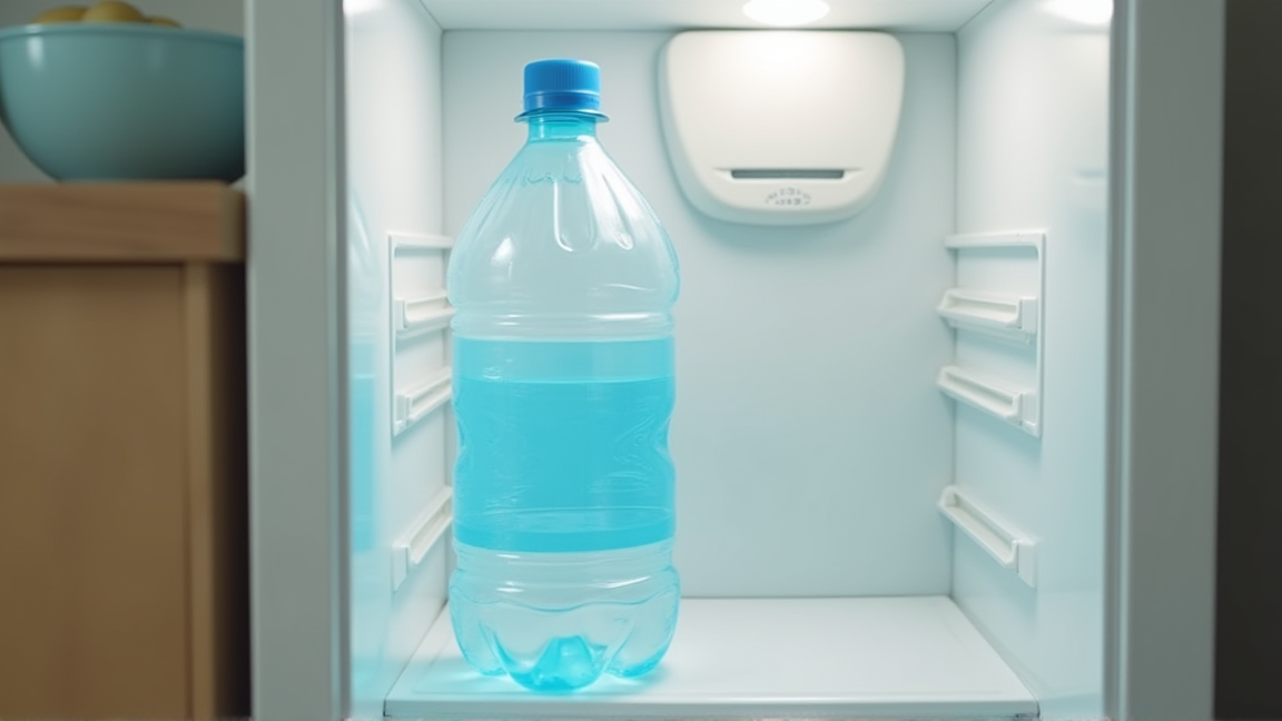 ペットボトルに水を7割ほど入れて冷凍庫に斜めに立てている様子