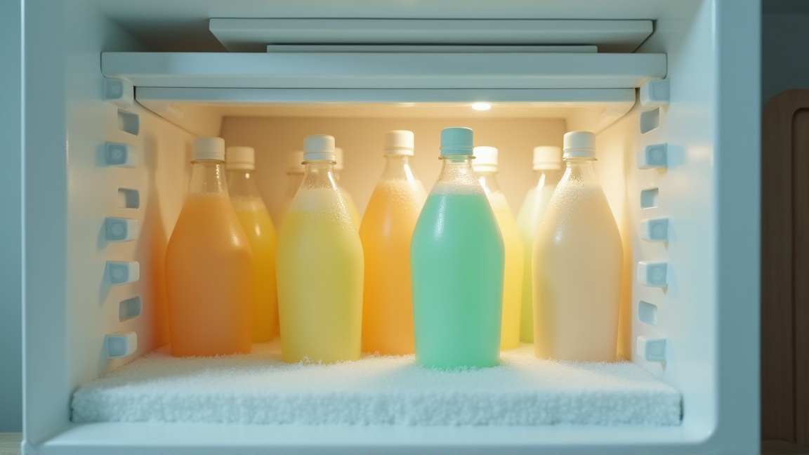 冷凍庫の中にペットボトルが複数並んでいる様子