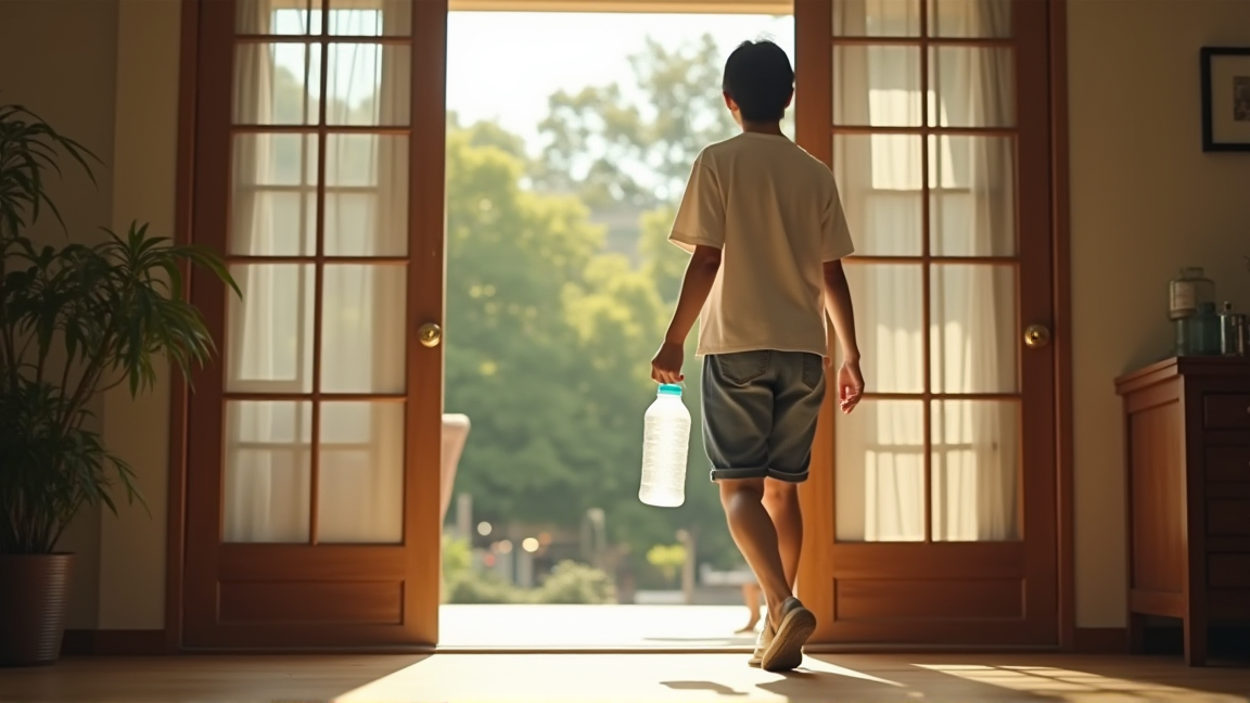 凍ったペットボトルを持って外出する人