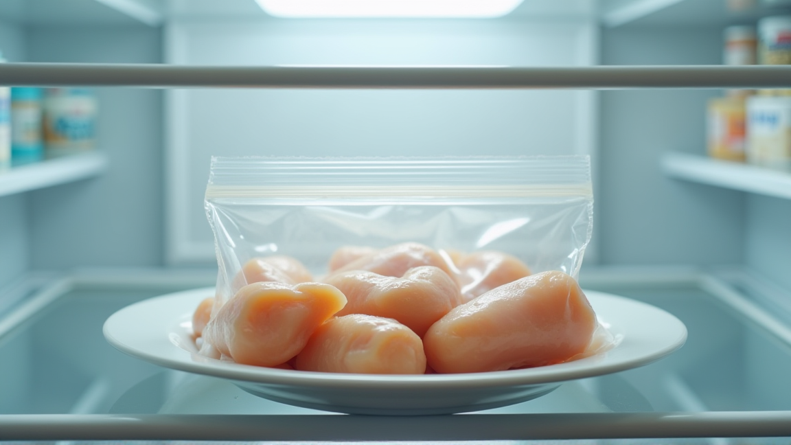 冷蔵庫の中でフリーザーバッグに入ったささみを解凍している様子
