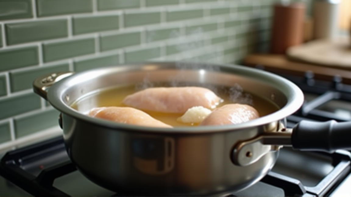 ゆでたささみをゆで汁の中で冷ましている鍋