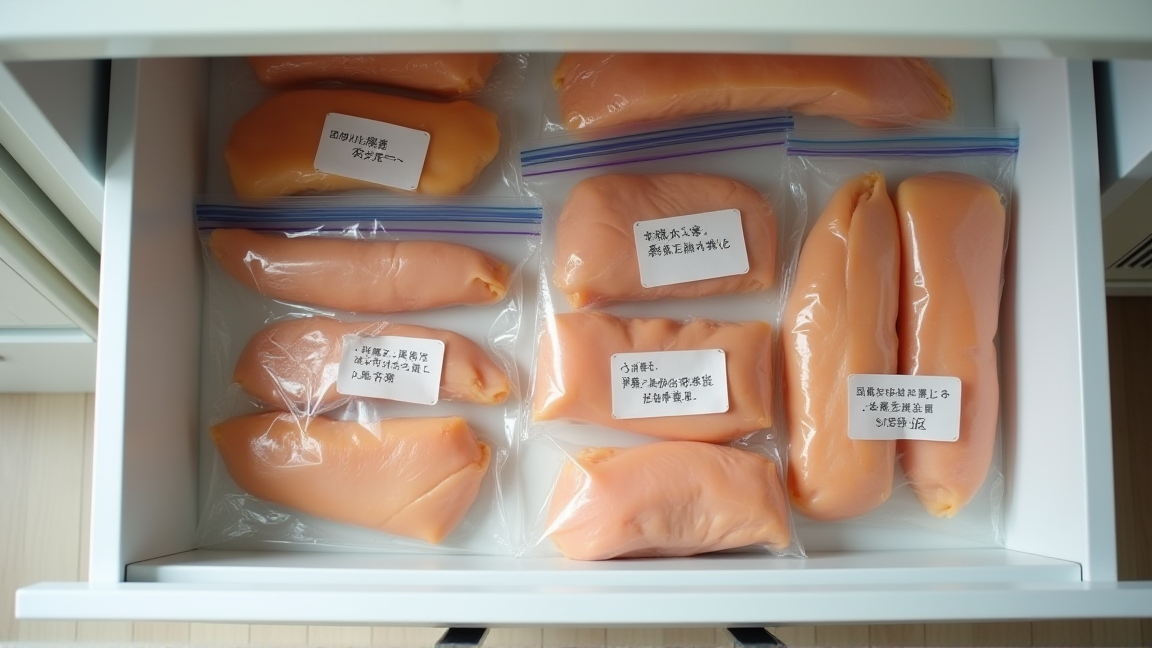 きれいに保存されたささみと冷凍食材が並ぶ整理された冷凍庫
