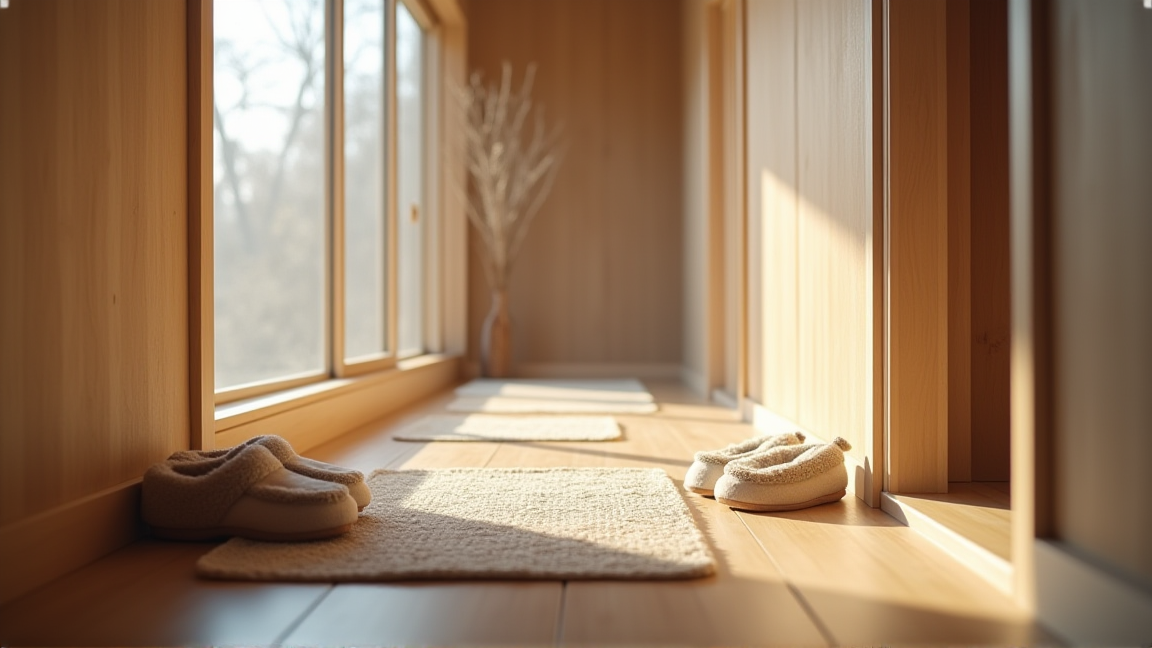 日本の住宅の廊下に敷かれた断熱マットとスリッパ