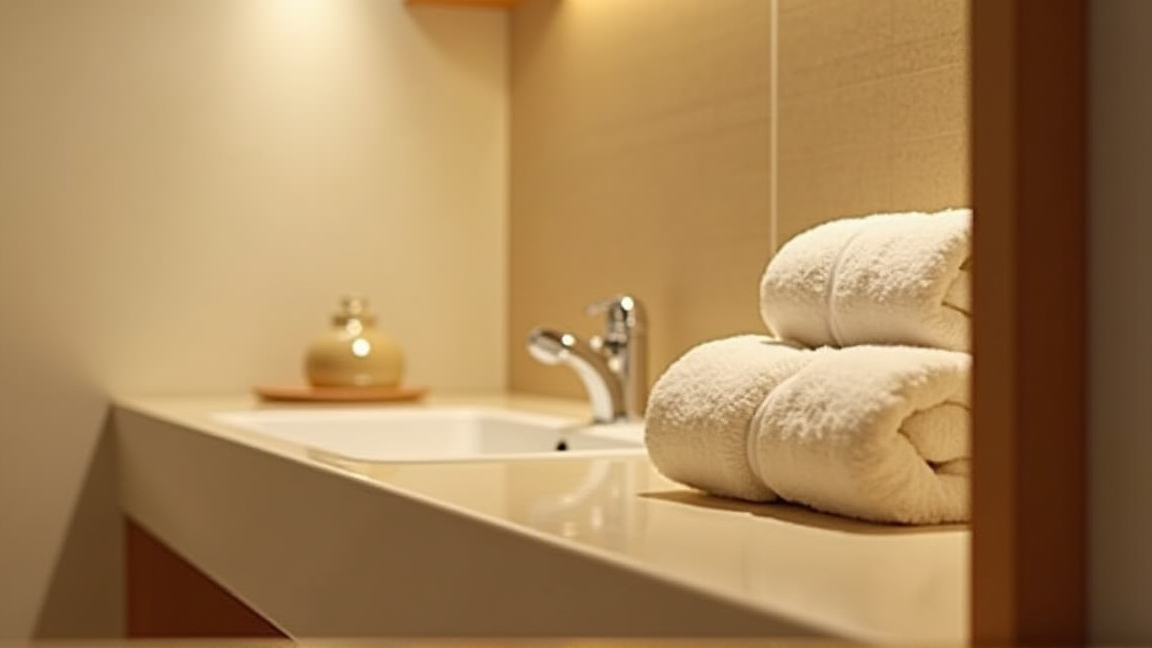 暖かく整えられた日本の脱衣所にタオルと入浴グッズが並ぶ様子