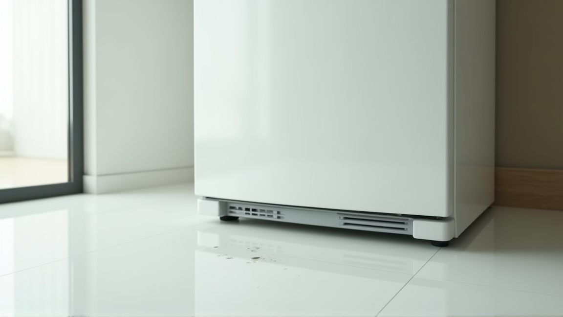 冷蔵庫の下に水たまりができている様子