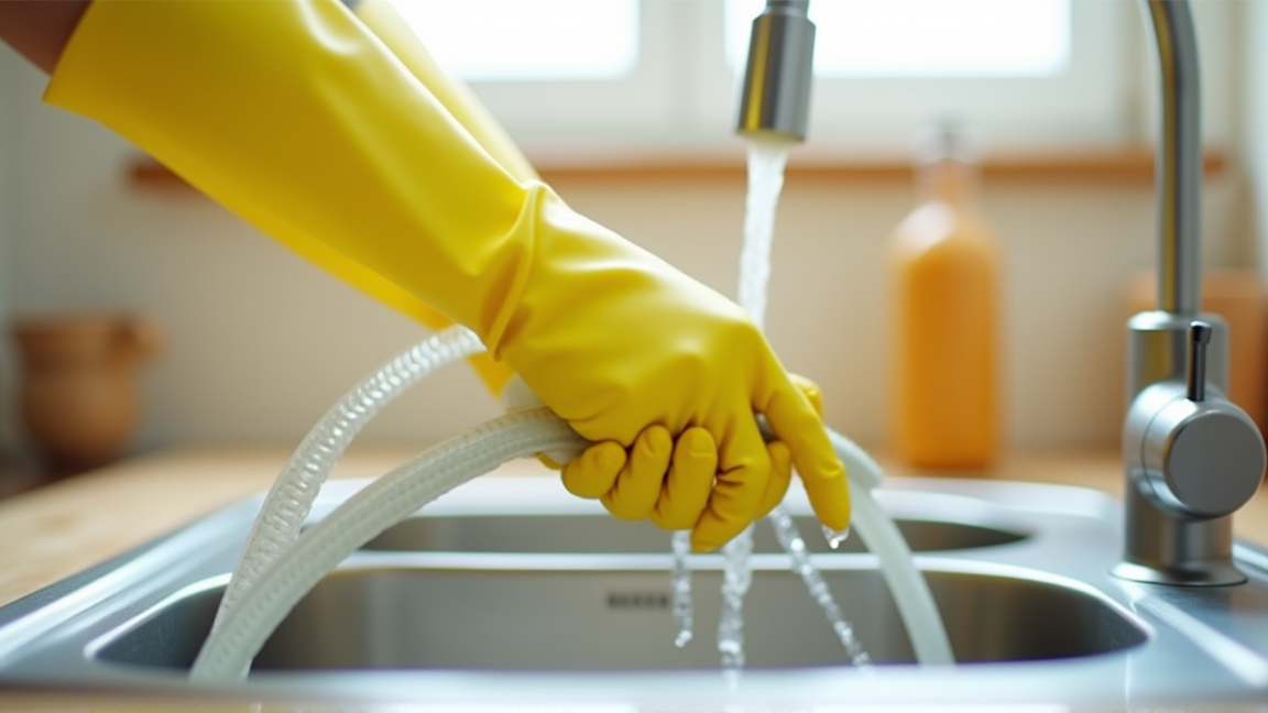 ドレンホースをぬるま湯で清掃する手元の様子