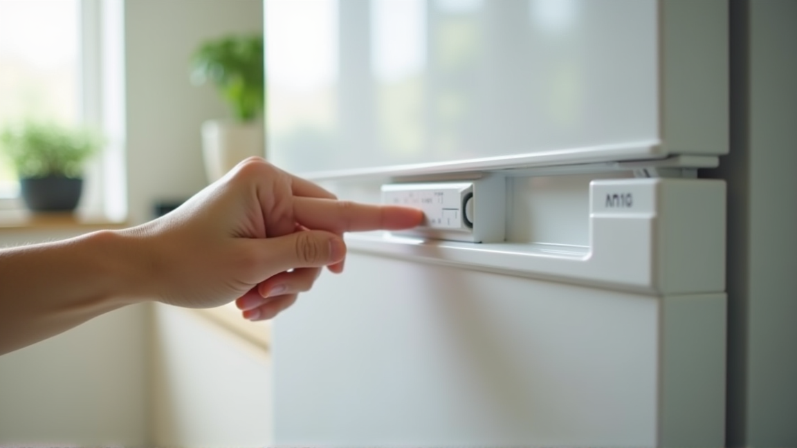 冷蔵庫のドアパッキンを指で確認している手元