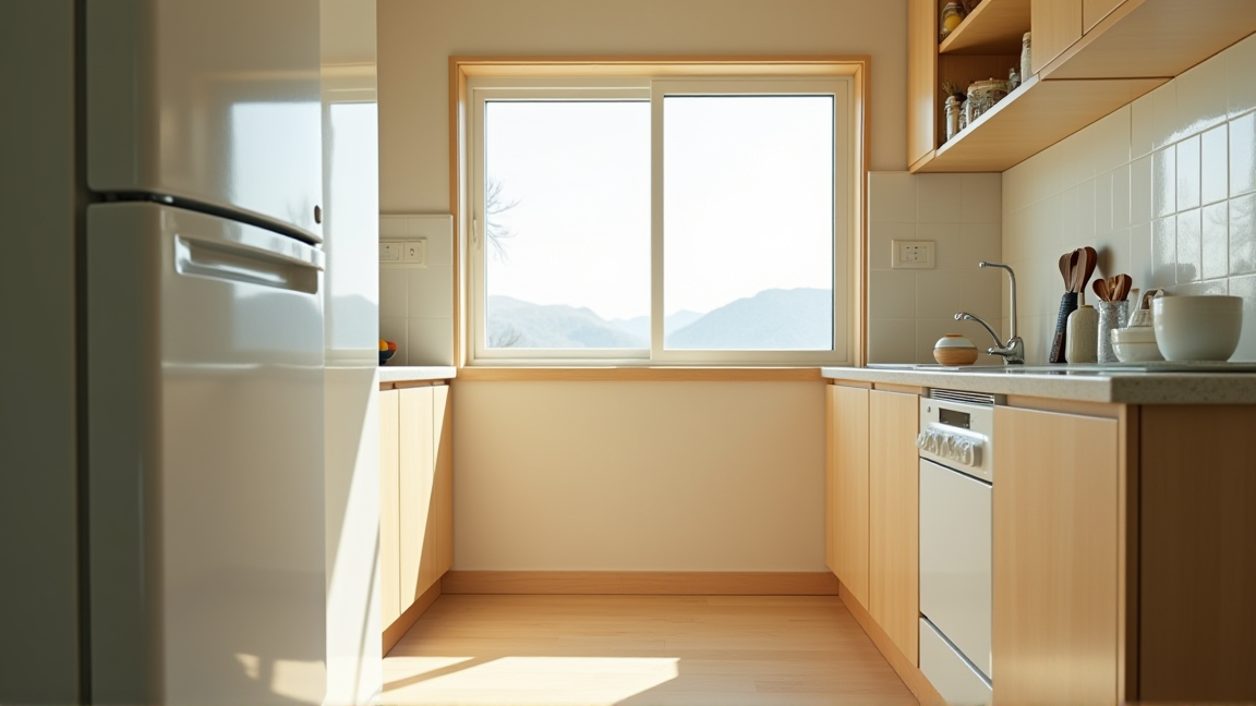 清潔に保たれた冷蔵庫と整理されたキッチン