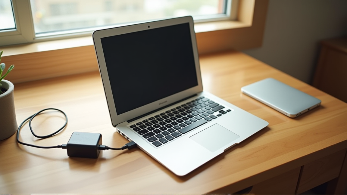 ノートパソコンと電源アダプター、充電ケーブルが机の上に置かれた様子