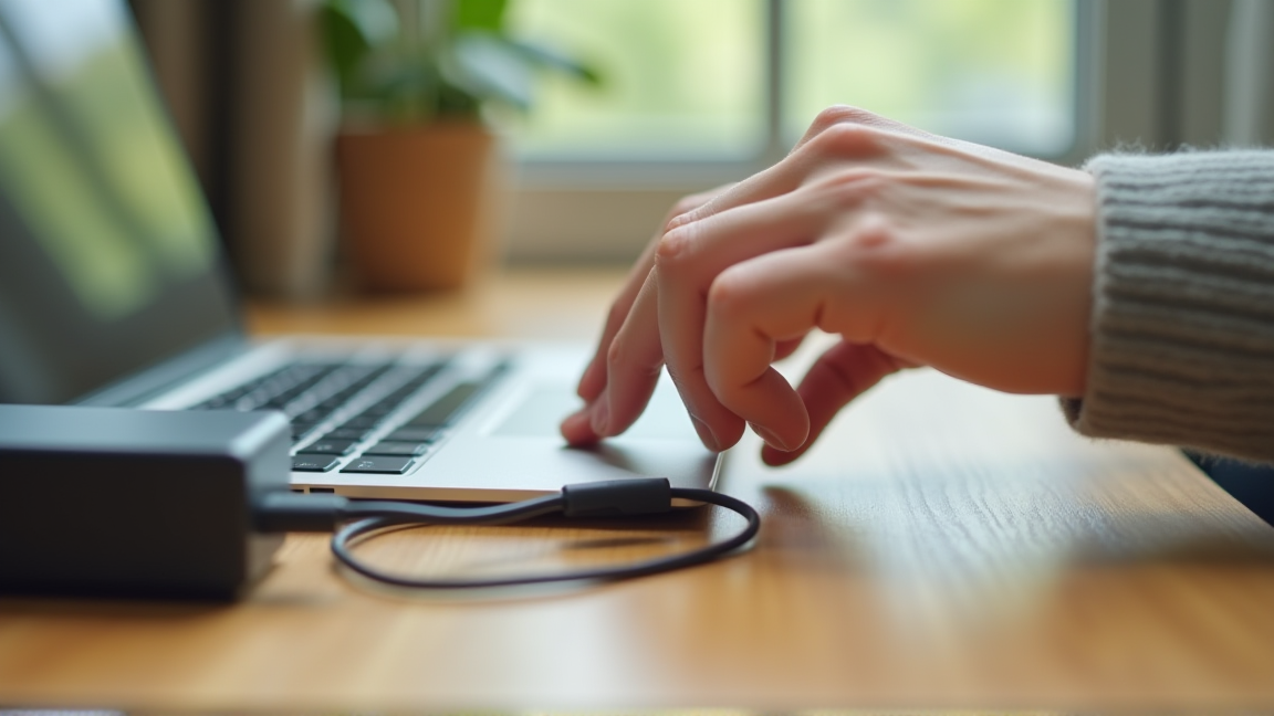 電源アダプターのコネクタ部分をクローズアップで確認している手元