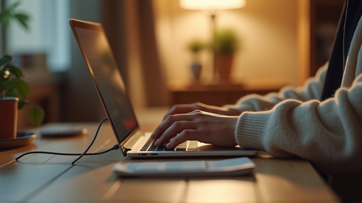 リビングのデスクでノートパソコンを操作している手元、充電ランプが見えるアングル