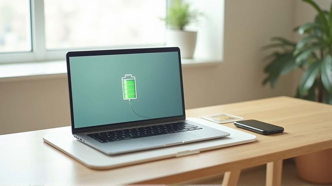 きれいに整理されたデスクの上にノートパソコンと充電ケーブルが置かれ、充電完了を示す表示がある様子