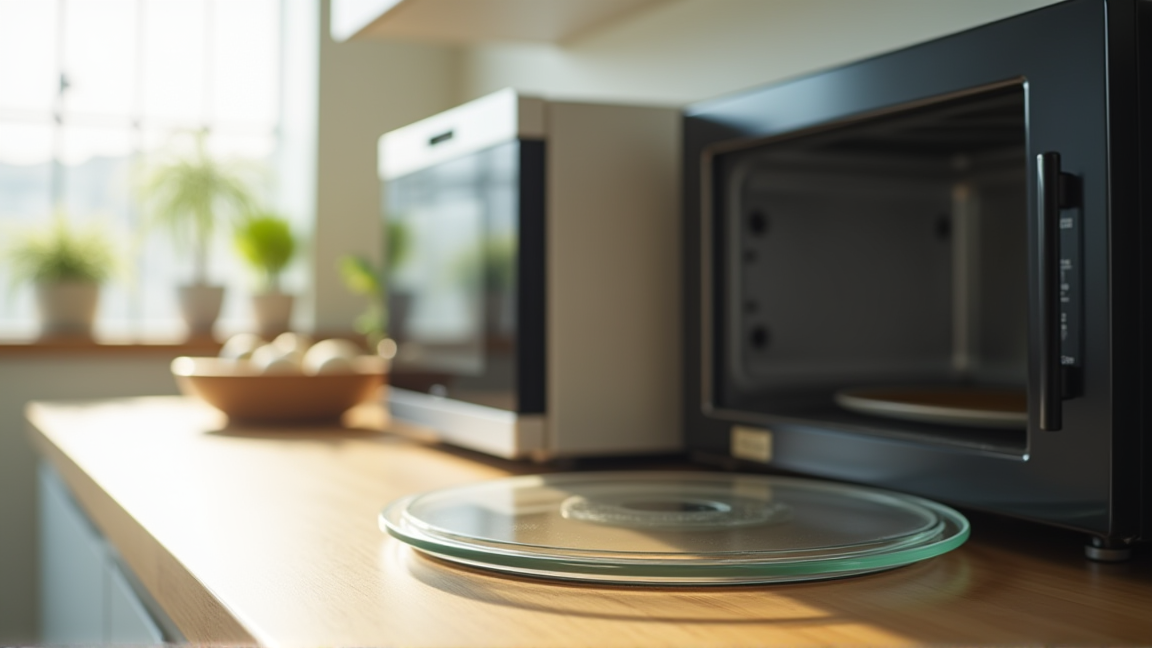 キッチンカウンターに置かれた電子レンジのターンテーブル部分のクローズアップ、ガラス皿とローラーリングが見える