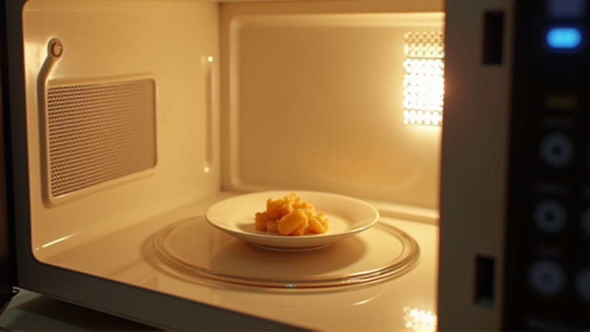 電子レンジの中で小さな皿の上に食品が載っている、庫内を上から覗き込む構図