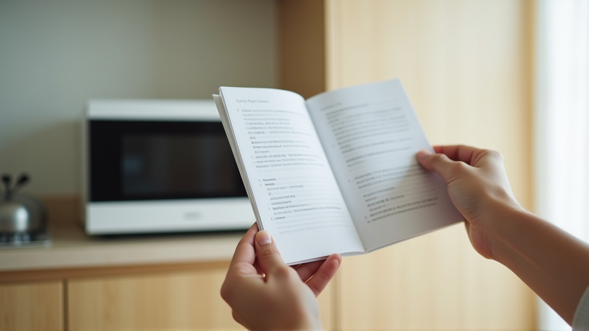 キッチンで電子レンジの前に立つ人の手元、取扱説明書を開いている
