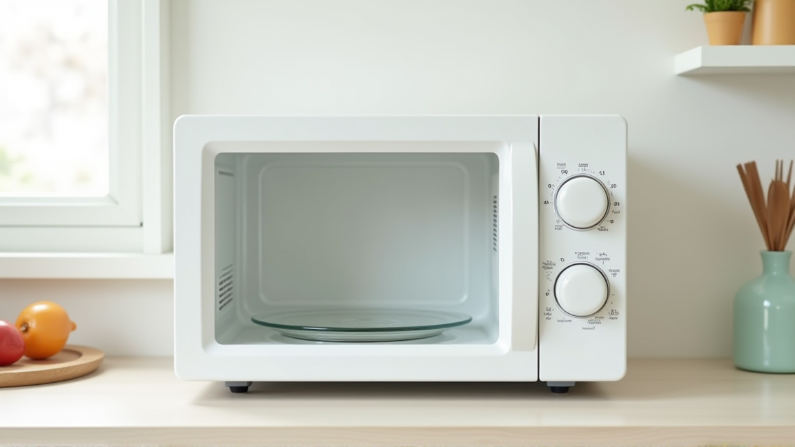 清潔なキッチンに置かれた電子レンジ、ターンテーブルがきれいにセットされている全体像