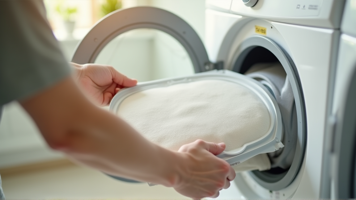 乾燥機のフィルターを取り外して点検している手元のクローズアップ