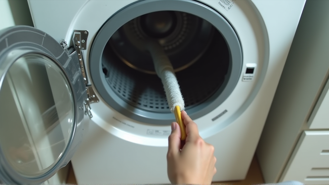 排湿ホースの内部にたまったホコリを長いブラシで掃除している様子