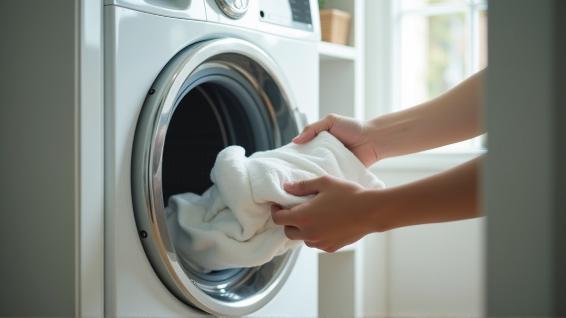 ドラム式乾燥機のドアを開けて洗濯物を適量入れている手元