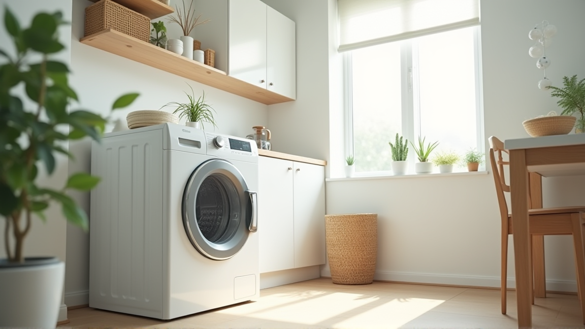 きれいに整頓された明るい洗面所に設置されたドラム式洗濯乾燥機の全体像