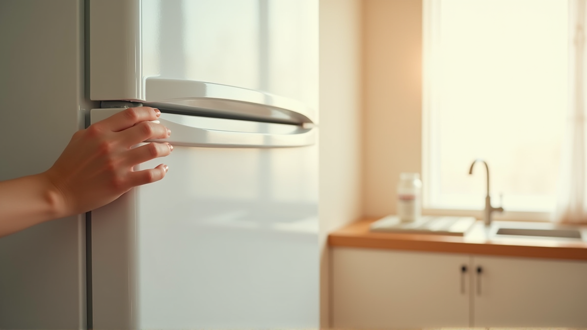 清潔で霜のない冷凍庫を閉めようとしている手元