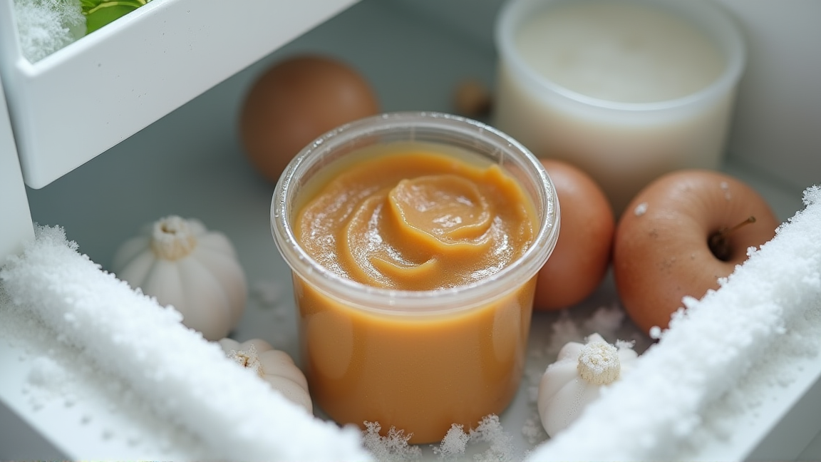 冷凍庫の中に密閉容器で保存された味噌のクローズアップ