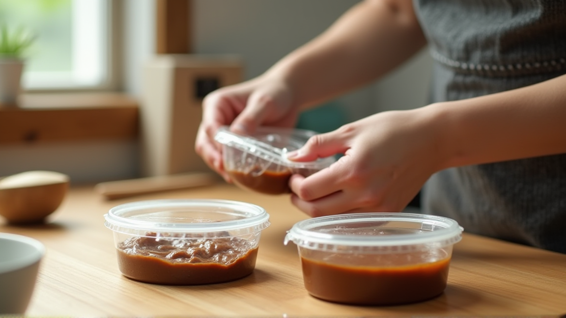 キッチンカウンターに並んだラップと密閉容器、味噌を小分けにしている手元