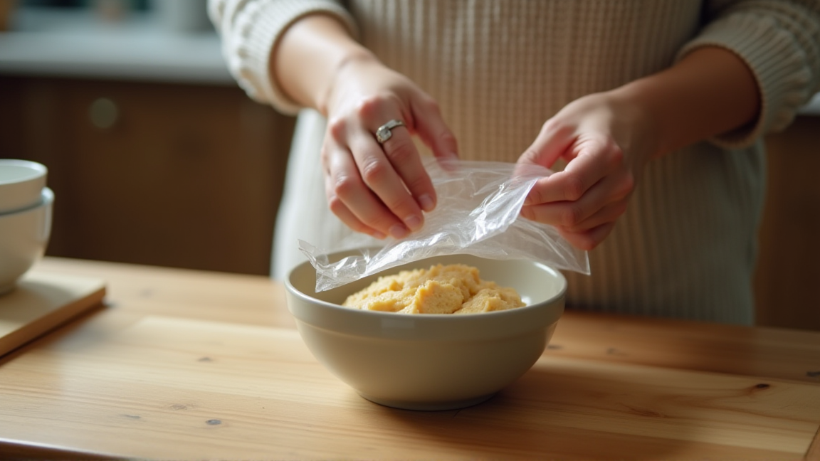 味噌の表面にラップを密着させている手元のアップ