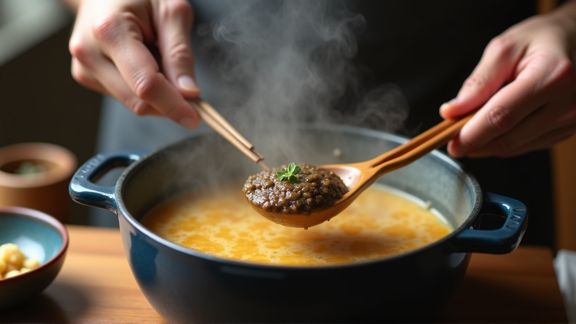 味噌汁を作るためにお鍋に味噌を溶いている手元