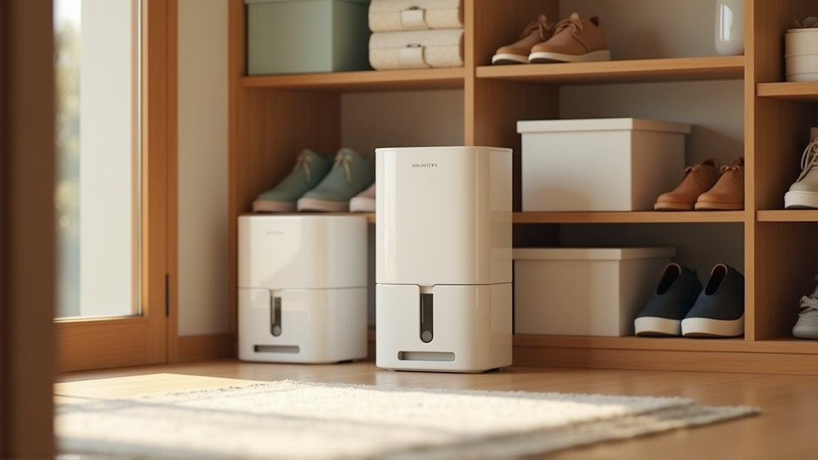 クローゼットの床に置かれた除湿剤