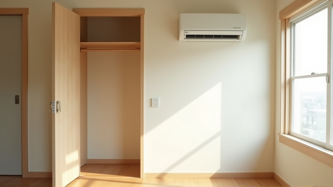 エアコンの除湿モードを使いながらクローゼットを開けている部屋