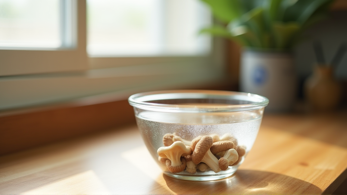 ボウルに冷水と干し椎茸を入れて戻している様子