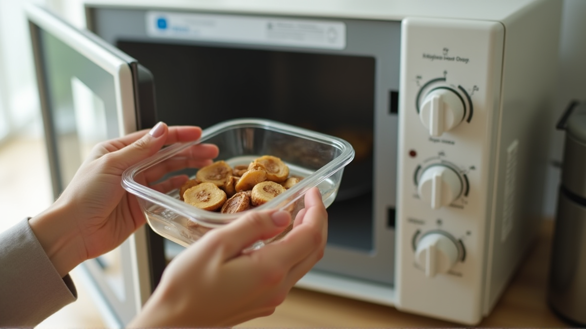 電子レンジの前に耐熱容器と干し椎茸を準備している手元