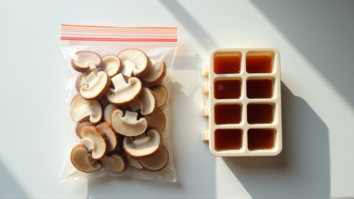 冷凍用フリーザーバッグに入れた戻し椎茸と製氷皿の戻し汁