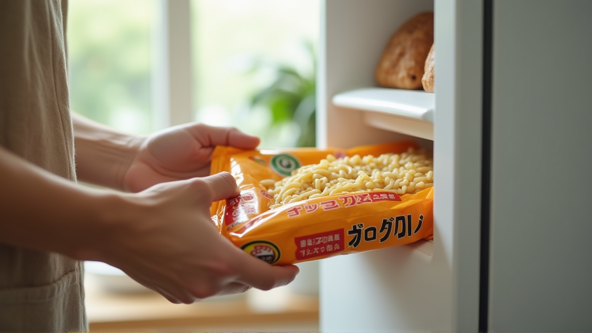 冷凍庫から取り出した冷凍うどんのパッケージ