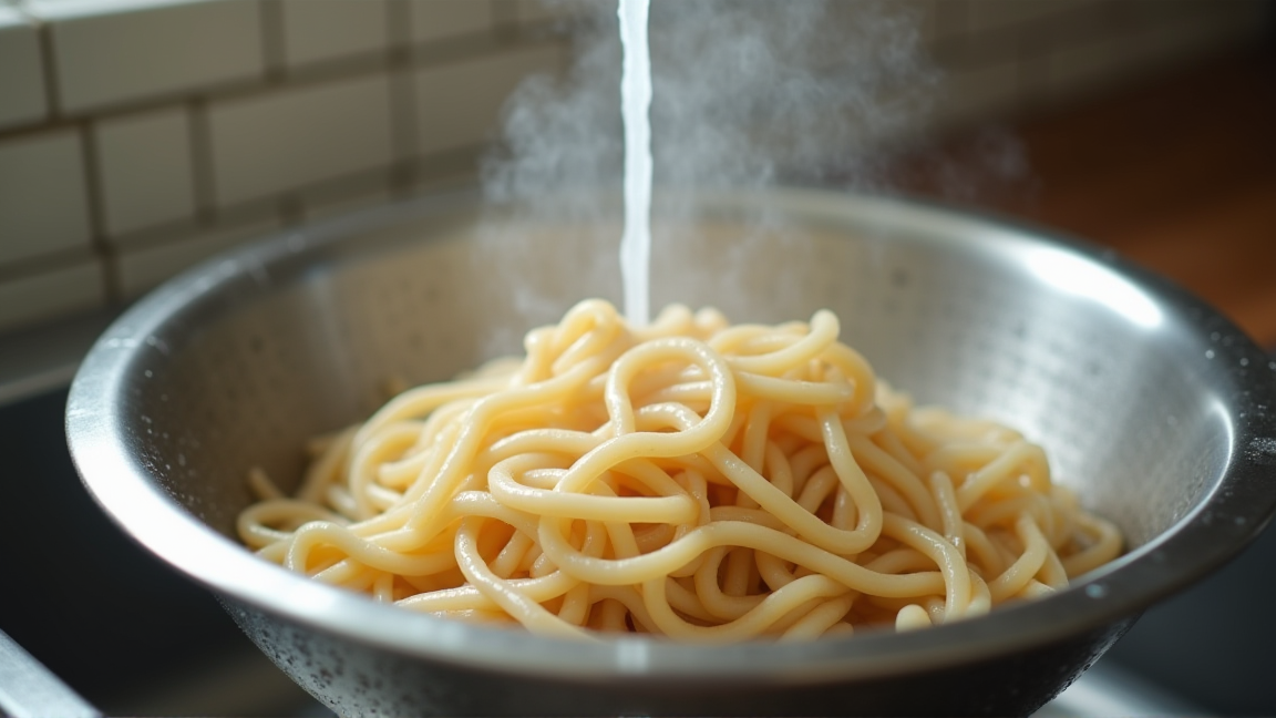 ゆでたうどんを冷水で締めている様子