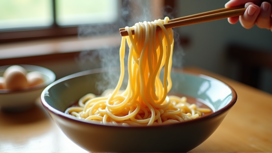 うどんを箸で持ち上げている様子