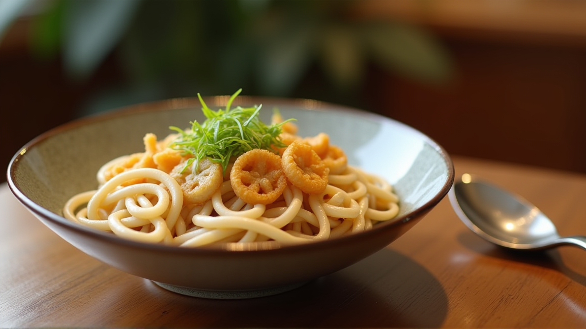 もちもちのうどんが盛り付けられた食卓
