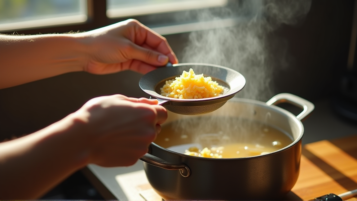 鍋でかつお節のだしを取っている手元の様子