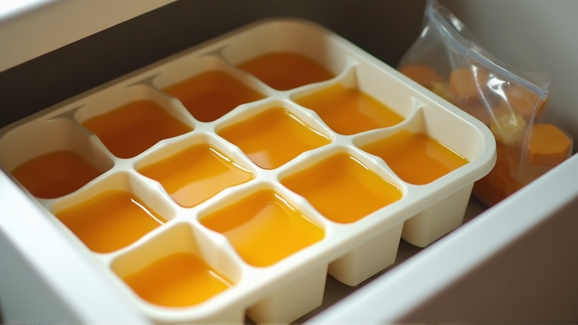 製氷皿でだしを冷凍保存する様子