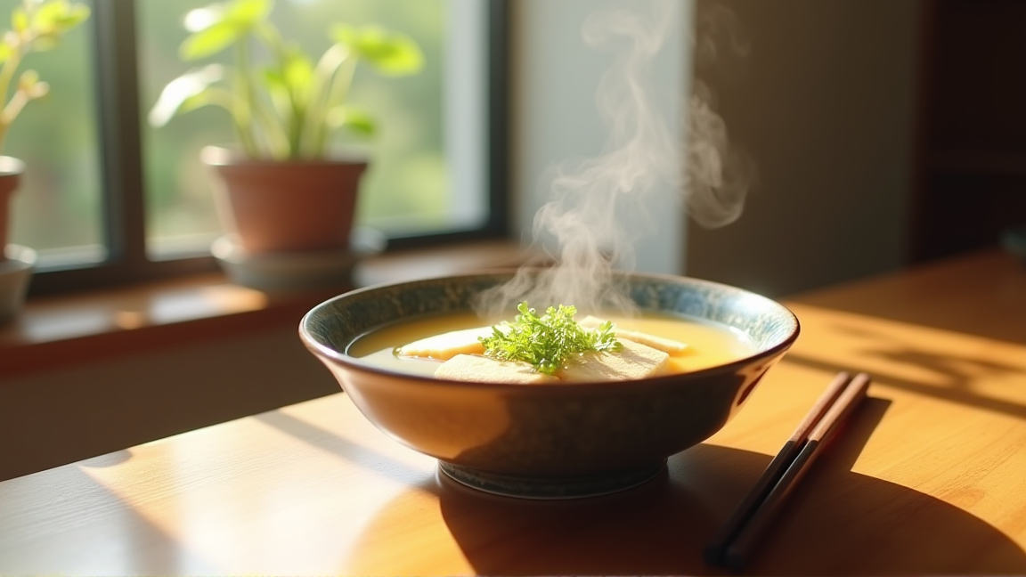 自家製だしで作った味噌汁が食卓に並んでいる様子