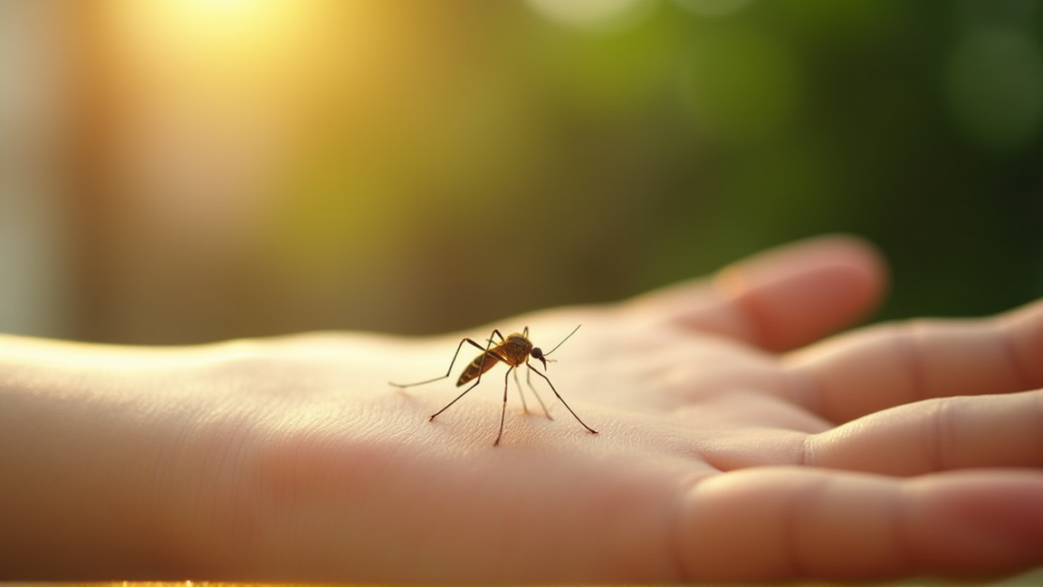 蚊が腕に止まっている夏の屋外の様子