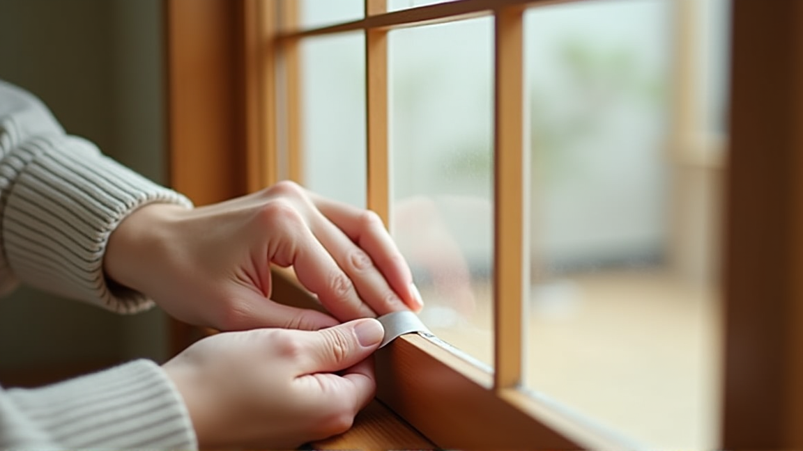 網戸の隙間をテープで補修している手元