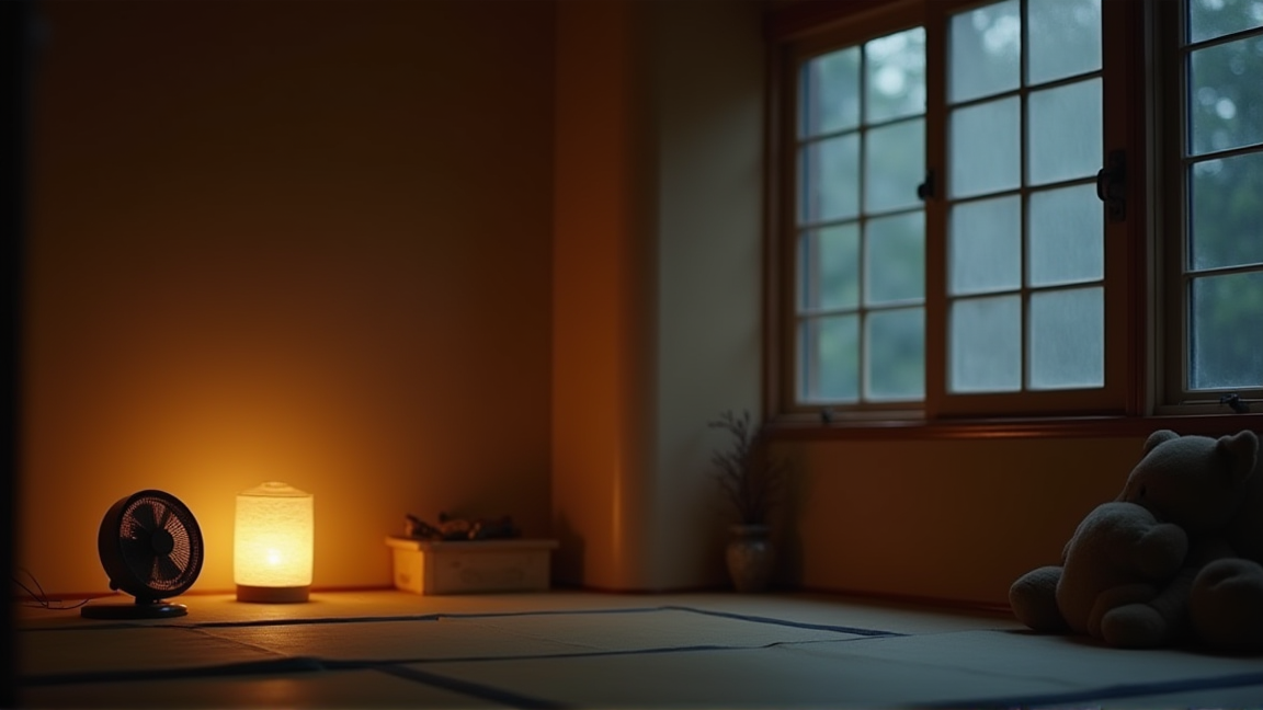 夏の夜に扇風機を回している和室の様子