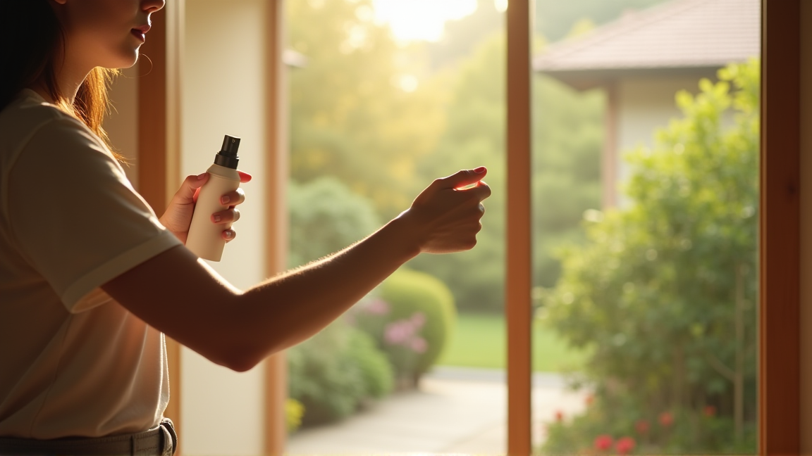 夏の朝に玄関で虫よけスプレーを使う様子