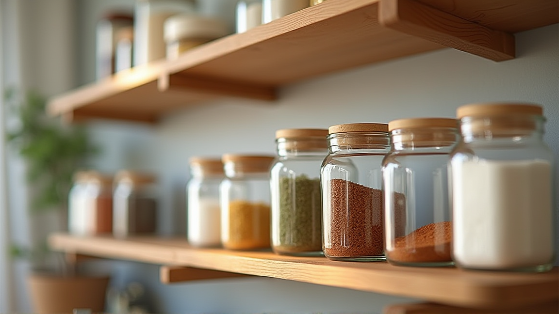 キッチン棚に並ぶ調味料の密閉容器