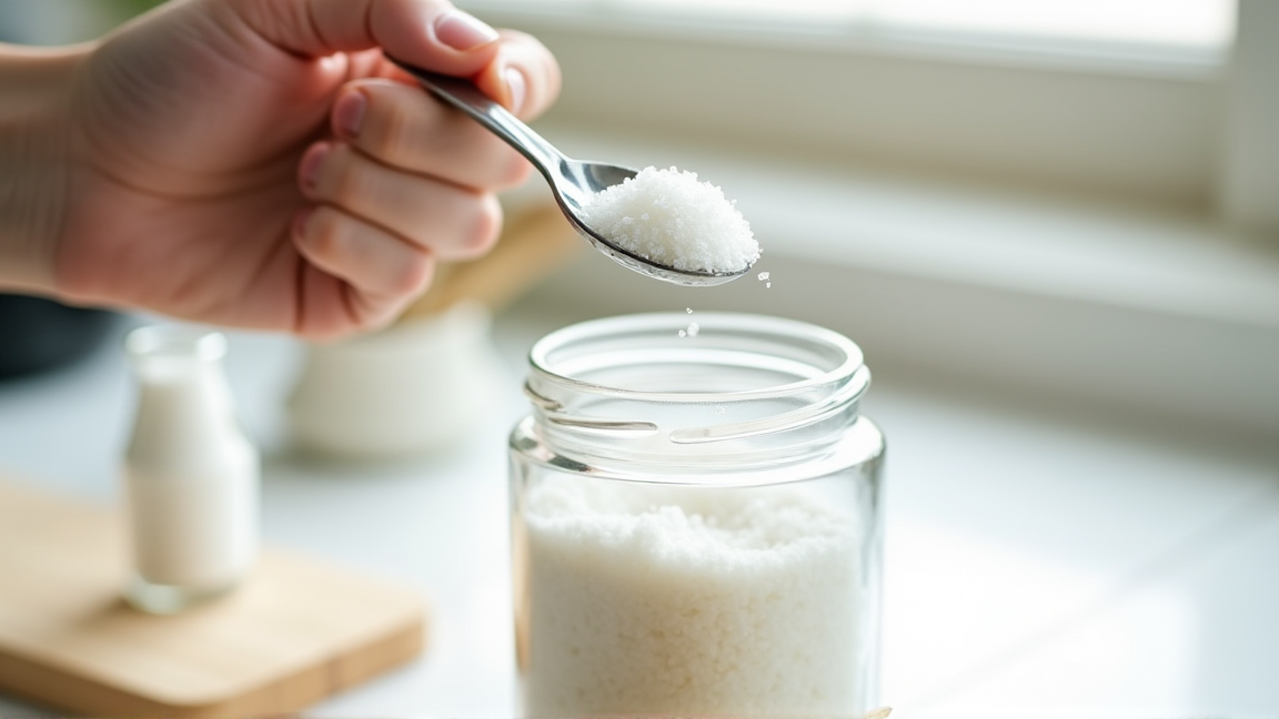 サラサラの塩を小さじですくう手元