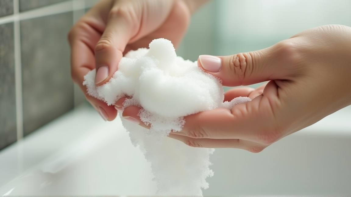 泡立てネットでシャンプーを泡立てる手元