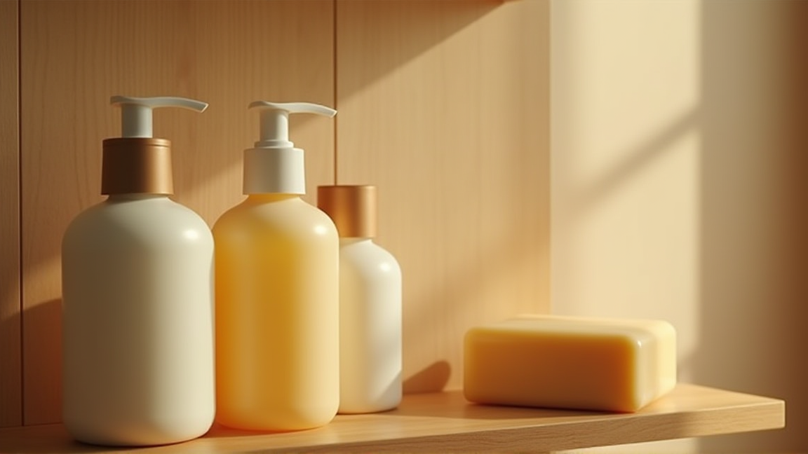 バスルームの棚に並ぶシャンプーと固形シャンプー