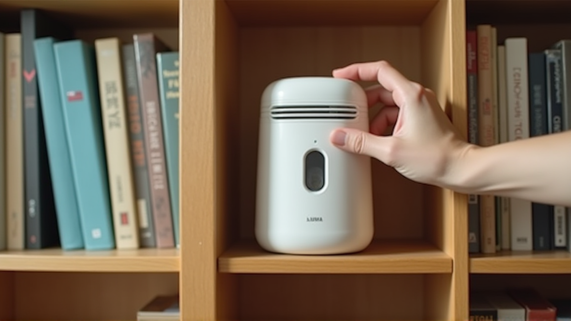 本棚に除湿剤を設置している様子